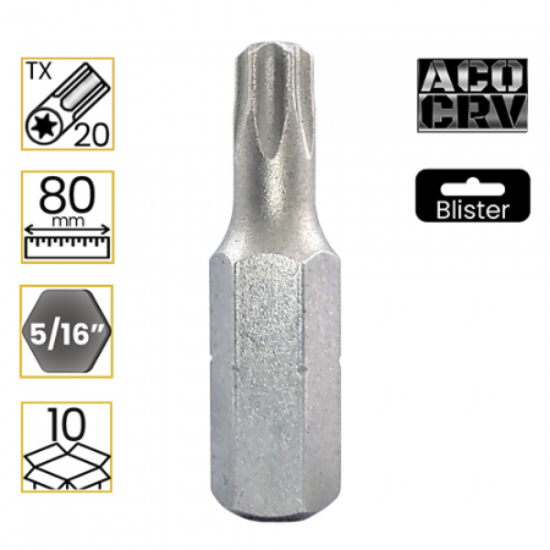 Imagem de BITS TORX LONGO PREMIUM T20 - Enc. 5/16" x 80mm [C/10]